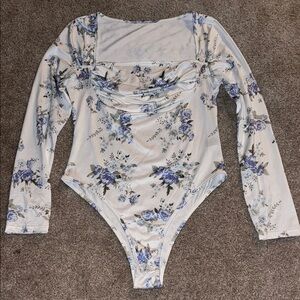 SHEIN White and Blue Floral Bodysuit